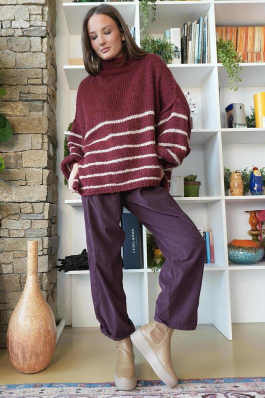 Big Softie Stripe Funnel Grunge Knit Burgundy -